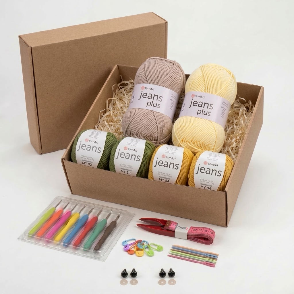 Kit Crochet Coton Premium Créations Libres – Olive & Moutarde