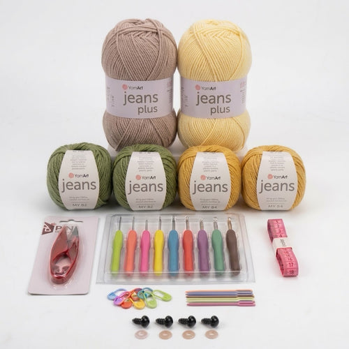 Kit Crochet Coton Premium Créations Libres – Olive & Moutarde