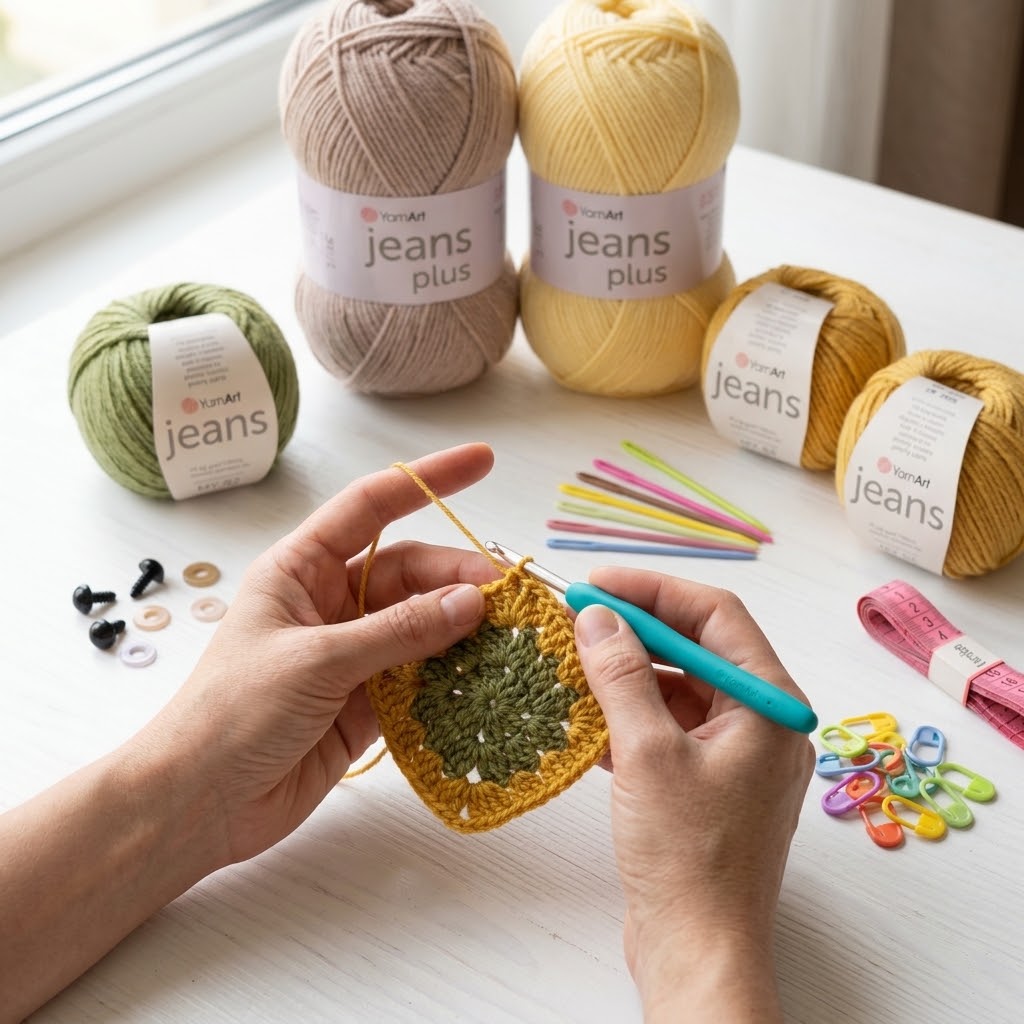 Kit Crochet Coton Premium Créations Libres – Olive & Moutarde